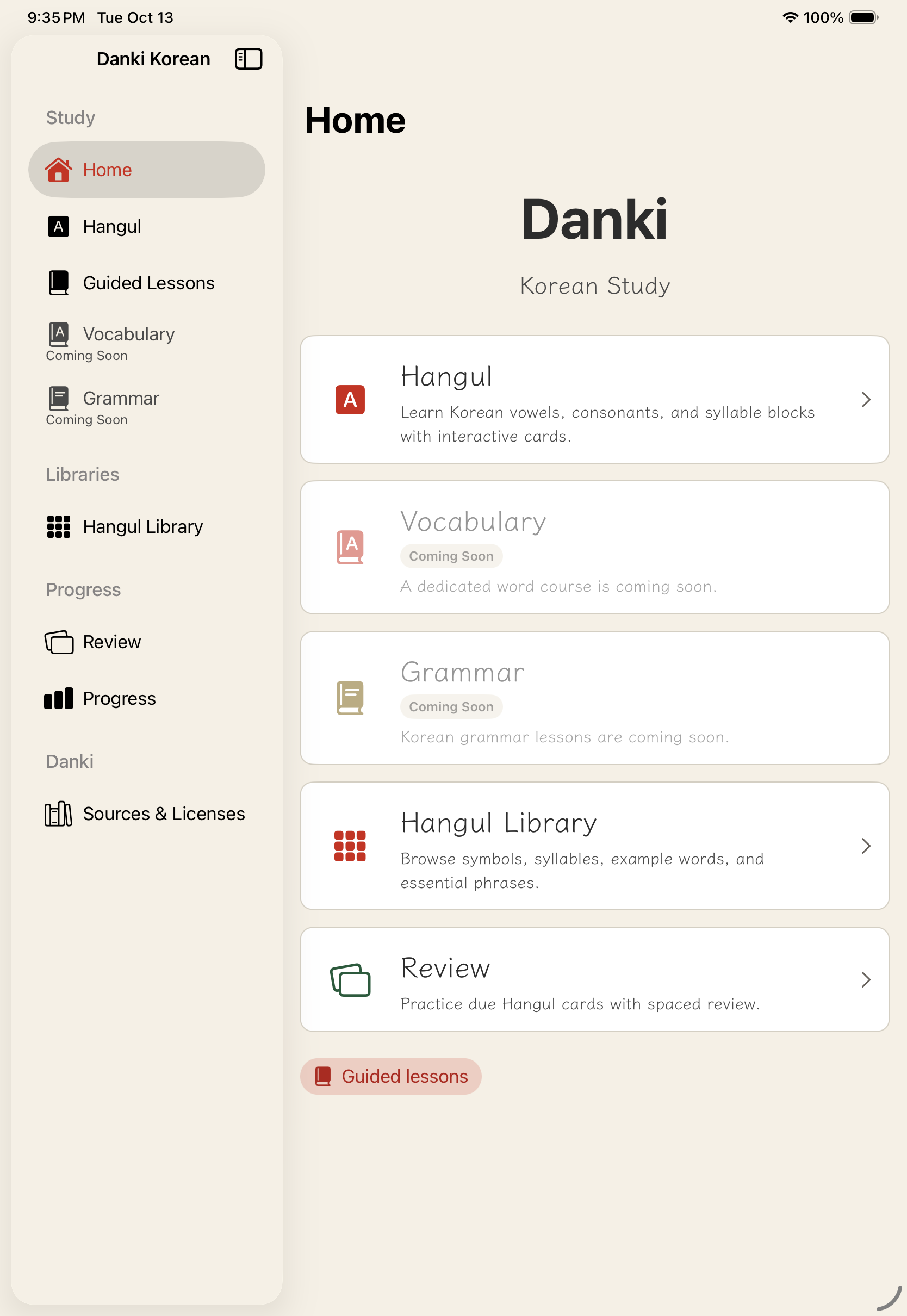 Danki Korean iPad home with Hangul, Library, and Review navigation